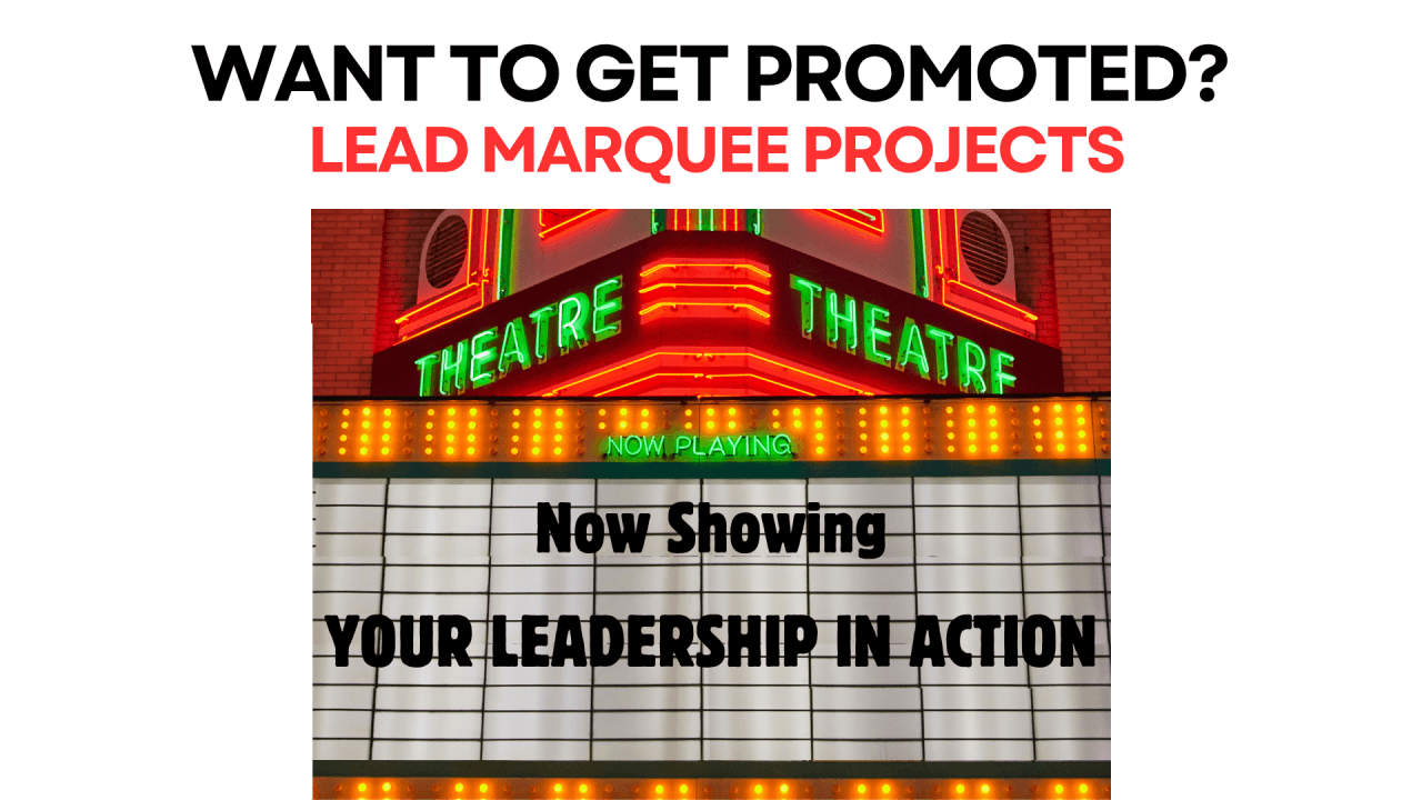 “Want to Get Promoted? Lead Marquee Projects” over a lit theater marquee whose sign reads “Now Showing — Your Leadership in Action.”